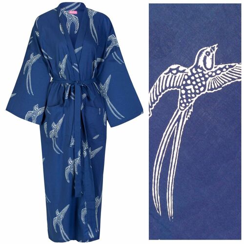 Women's Cotton Dressing Gown Kimono - Long Tailed Bird White on Dark Blue