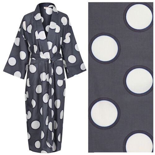 Women's Cotton Dressing Gown Kimono - Cream Circles with Rings on Dark Grey ("outlet" gown with minor imperfections)