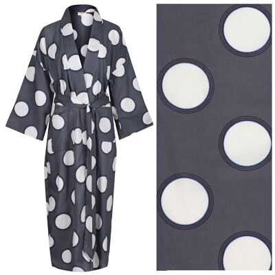 Kimono de robe de chambre en coton pour femme - Cercles crème avec anneaux sur gris foncé (robe "de sortie" avec des imperfections mineures)