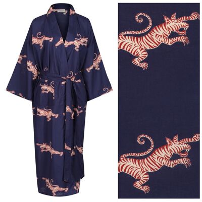 Kimono de robe de chambre en coton pour femme - Fighting Tigers rouge et crème sur bleu foncé (robe "outlet" avec imperfections mineures)