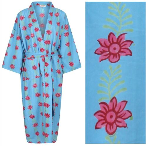 RARE! Women's Cotton Dressing Gown Kimono - Blossom and Leaf Pink on Blue ("outlet" gown with minor imperfections)
