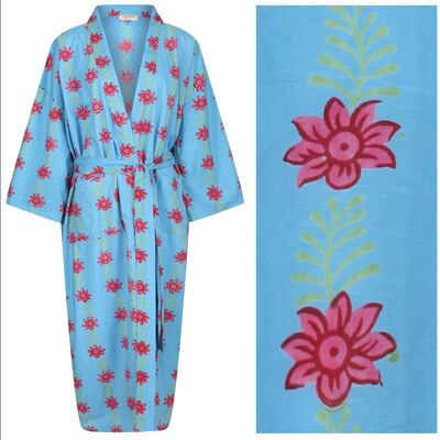 RARE! Women's Cotton Dressing Gown Kimono - Blossom and Leaf Pink on Blue ("outlet" gown with minor imperfections)