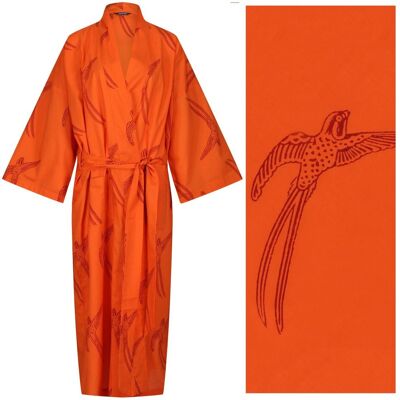 Kimono da vestaglia da donna in cotone - uccello a coda lunga rosso su arancione
