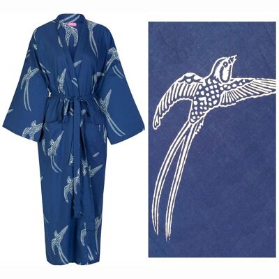 Kimono de bata de algodón para mujer - Pájaro de cola larga Blanco sobre azul oscuro (bata de "outlet" con pequeñas imperfecciones)