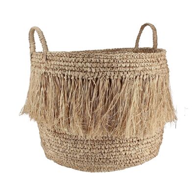 FRINGED BASKET IN
 NATURAL RAFFIA WITH
 HANDLES D44XH41CM LUYS
