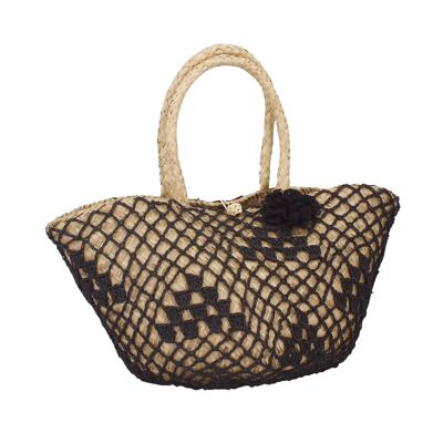 BORSA TOTE BEIGE SEAGRASS
 NERO CON ORNAMENTO A GANCIO
 FIORE NERO 40X25/48CM