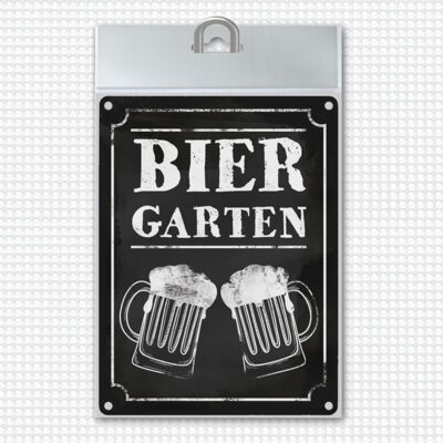 Letrero de metal Beer Garden de 15x20 cm con dos jarras de cerveza en aspecto usado