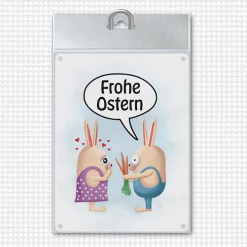 Frohe Ostern Metallschild in 15x20 cm mit lustigen Hasen