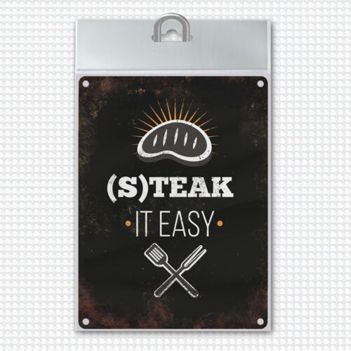Metallschild mit BBQ Motiv und Spruch: Steak it easy