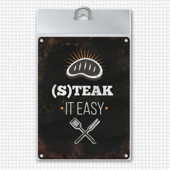 Plaque en métal avec motif BBQ et inscription : Steak it easy 1