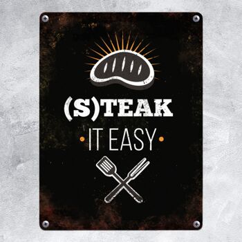 Plaque en métal avec motif BBQ et inscription : Steak it easy 2