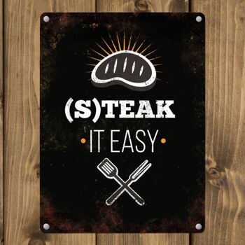 Plaque en métal avec motif BBQ et inscription : Steak it easy 3