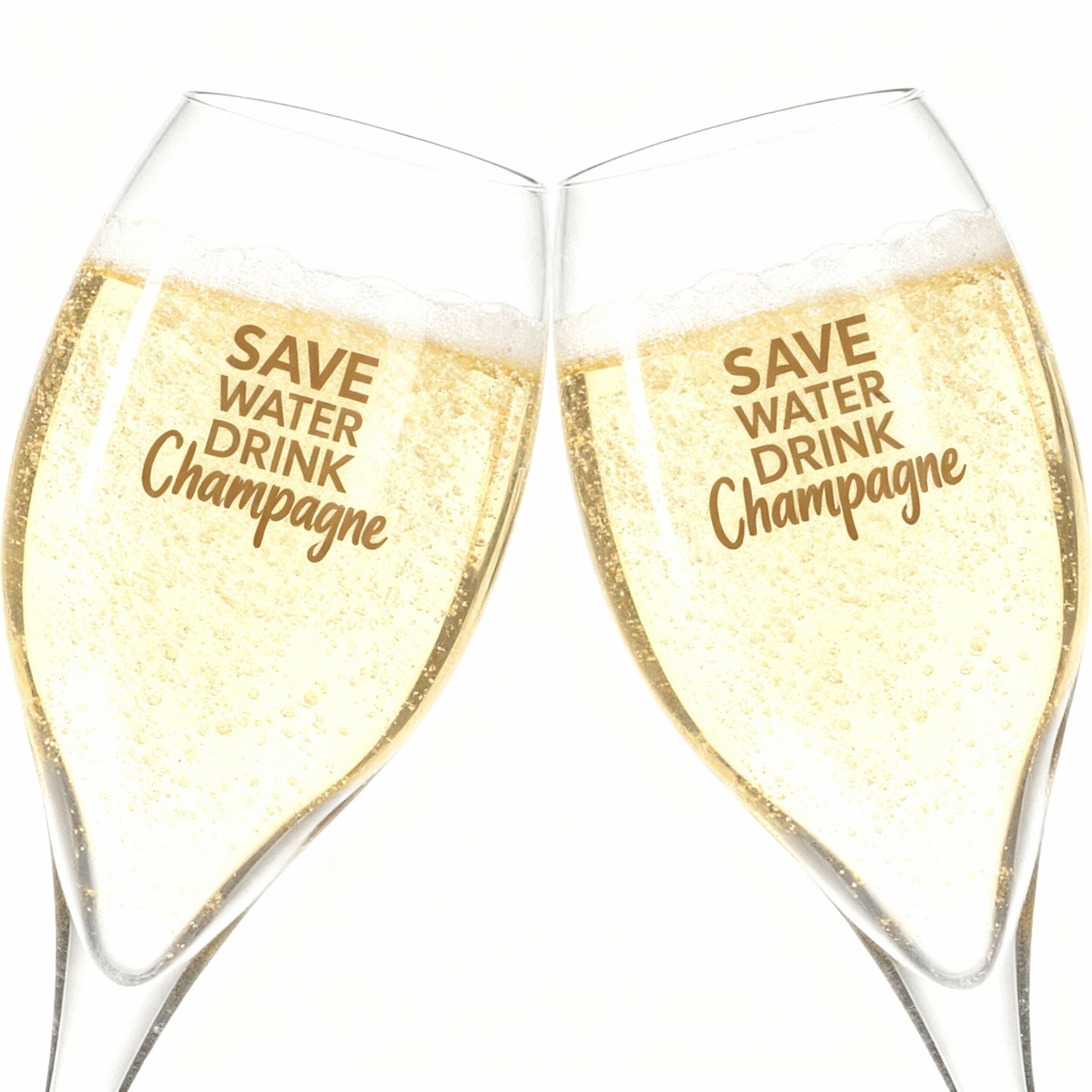 Duo der Champagnerflöten Sparen Sie Wasser und trinken Sie Champagner