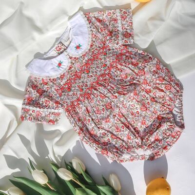 Bella Handsmocked Baby Rompers - Hand Embroidered Floral Cream - 100% Cotton