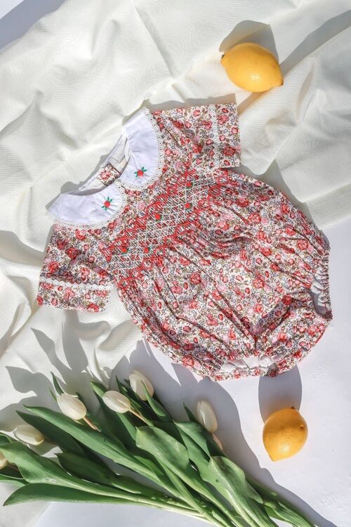 Bella Handsmocked Baby Rompers - Hand Embroidered Floral Blue - 100% Cotton