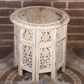 Table d'appoint orientale Nassiba blanche, ronde, sculptée dans du bois de manguier 5