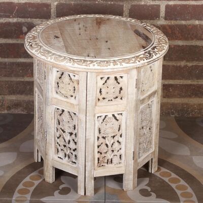Oriental side table Nassiba white, round, carved from mango wood