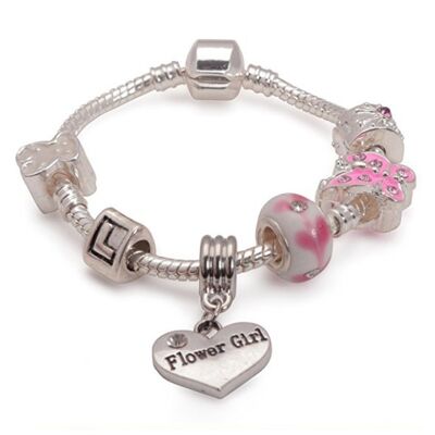 Bracelet Enfant Fille Fleur 'Papillon Rose' Plaqué Argent Charm Bead 17cm