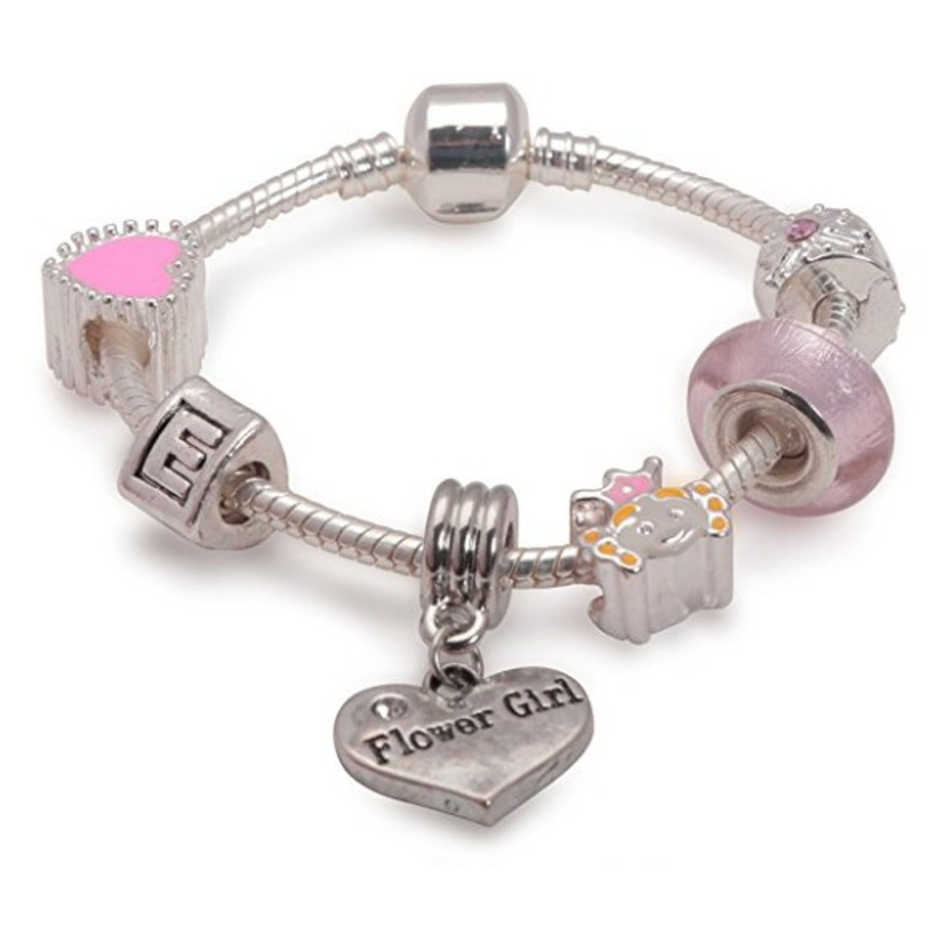 Children's Bridesmaid 'Pink Kitty Cat Glamour' Silver Plated Charm Bead Bracelet by Liberty Charms 17cm / Silver