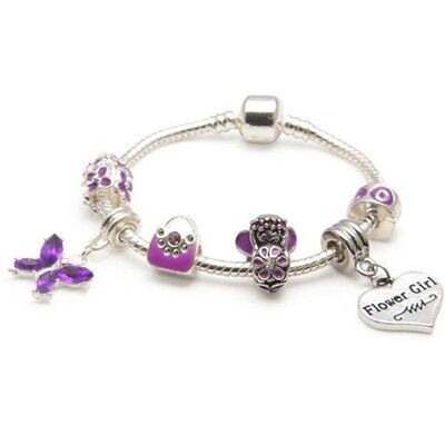 Bracelet Enfant Fille Fleur 'Papillon Violet' Plaqué Argent Charm Bead 17cm