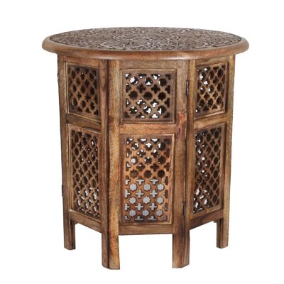 Oriental side table Hamza Brown made of solid mango wood, hand-carved, round
