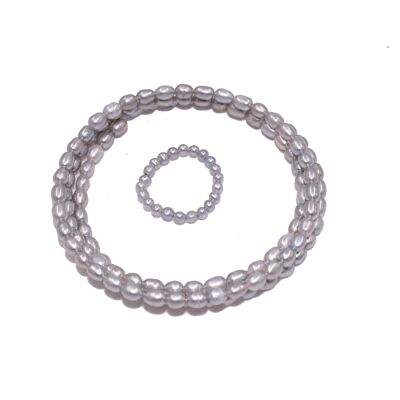 Pulsera envolvente con anillo a juego hecha de auténticas perlas cultivadas de agua dulce en color gris