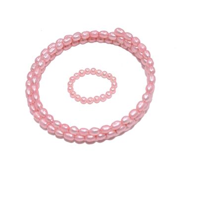 Bracelet enroulé et bague en véritables perles de culture d'eau douce en rose