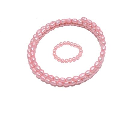 Wrap bracelet and ring made from real freshwater cultured pearls in pink