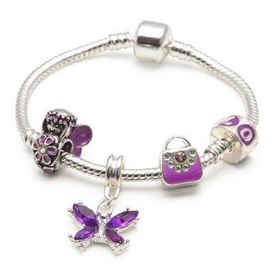 Versilbertes Charm-Perlen-Armband „Lila Fee und Schmetterlinge“ für Kinder, 18 cm