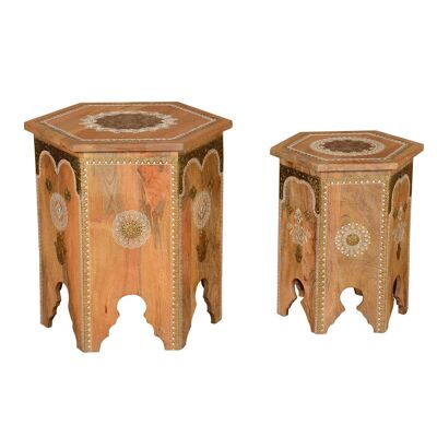 Table d'appoint orientale Salman dans un ensemble de 2 en bois de manguier avec laiton décoré d'une main de Bouddha
