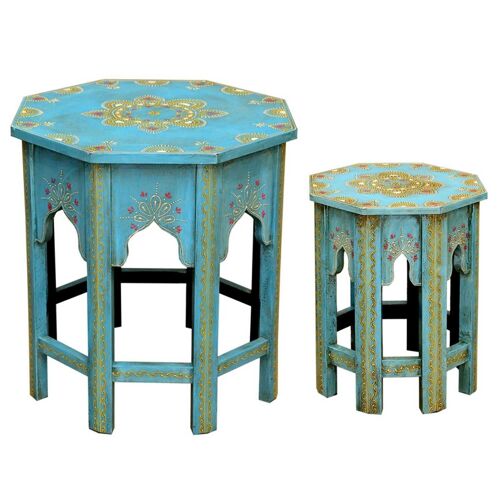 Orientalischer Beistelltisch Saada Blau 2er Set aus Mango Holz handbemalt in Shabby Chic
