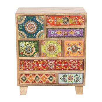 Commode orientale peinte à la main Krishna en bois de manguier avec 9 tiroirs colorés 8