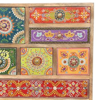 Commode orientale peinte à la main Krishna en bois de manguier avec 9 tiroirs colorés 10