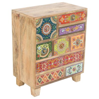 Comò orientale dipinto a mano Krishna in legno di mango con 9 cassetti colorati