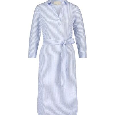 Charlize. Dress with Belt. 100% Linen,blue stripe