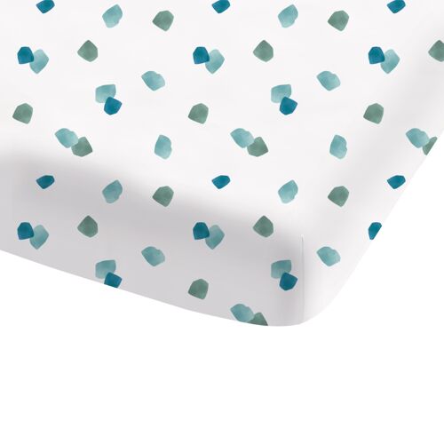 Drap-housse imprimé en percale de coton BIO, AQUARELLE - 90x190 - Bleu