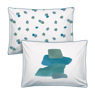 Set de 2 taies d’oreiller imprimées en percale de coton BIO, AQUARELLE - 2x65x65 - Bleu