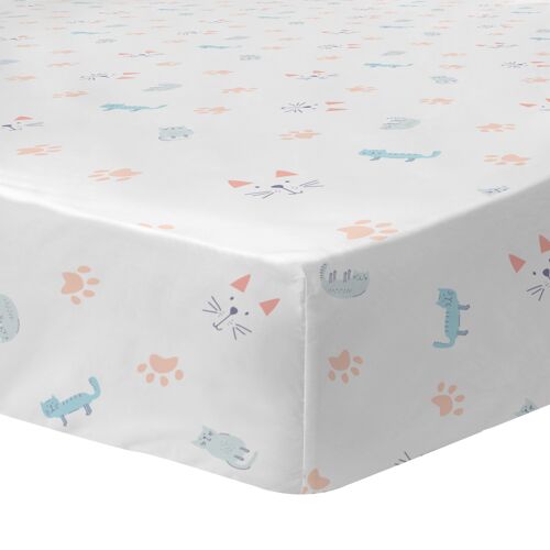 Drap-housse imprimé 100% coton - MIAOU - 90x190