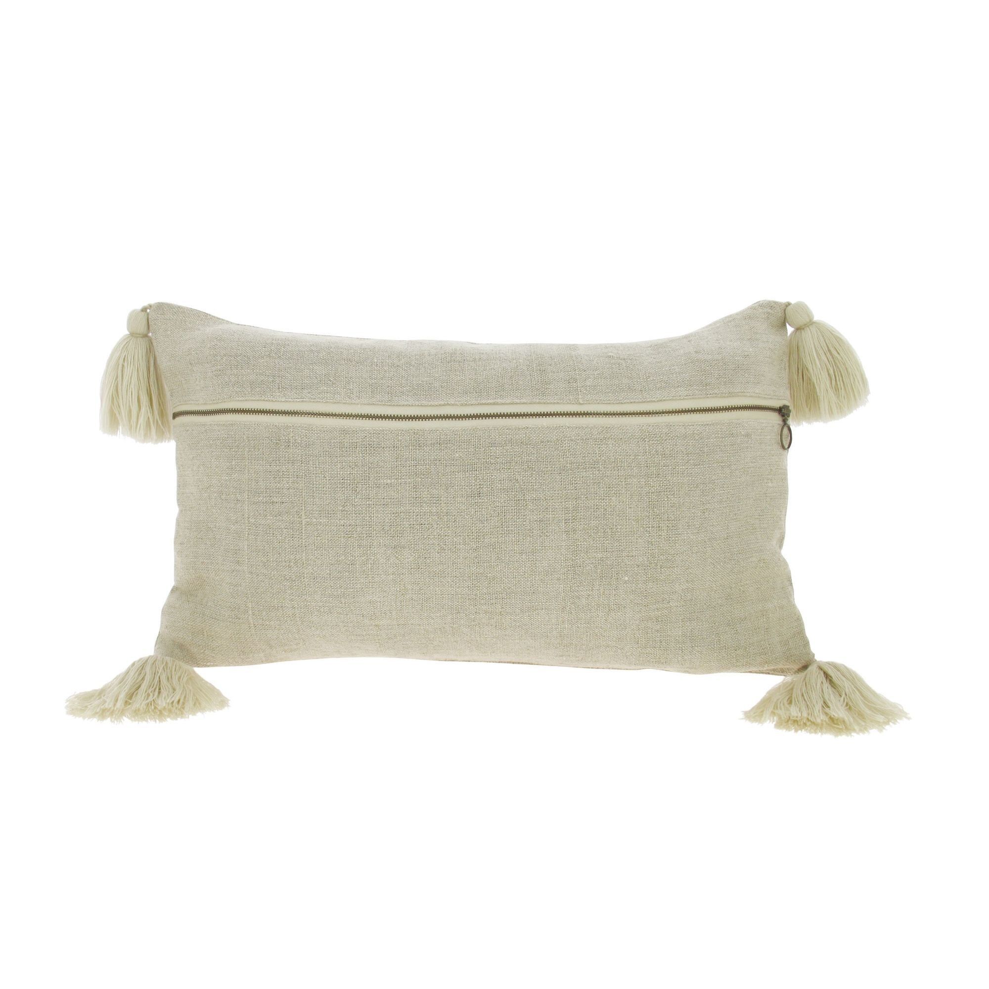 LINEN CUSHION /ZIP
 DECORATIVE & BEIGE POMPOMS
 30X50CM DISHA