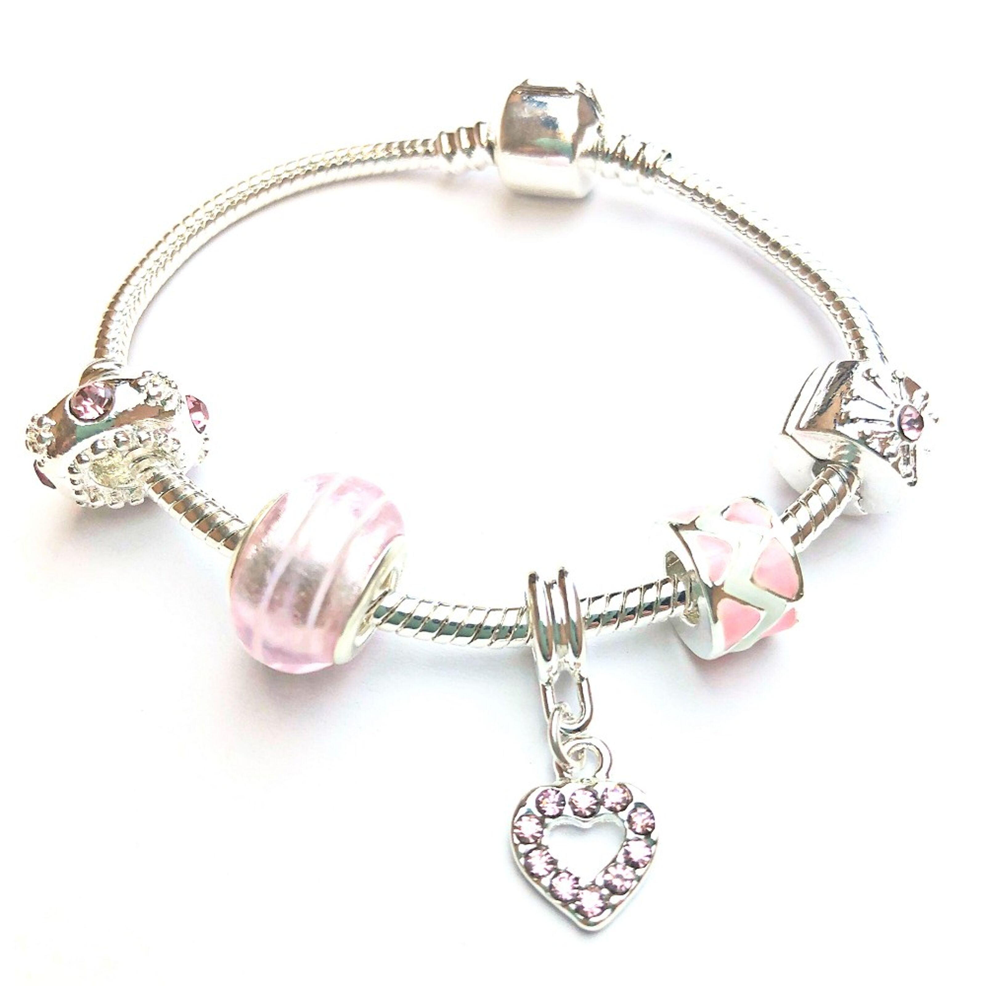 Cute Grandmother Pink Charm Bracelet Silver Tone Hat Heart Charms