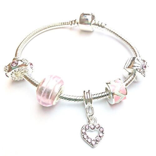 Children's Pink 'Candy Heart' Silver Plated Charm Bead Bracelet 16cm
