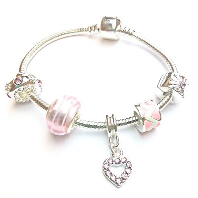 Rosafarbenes 'Candy Heart'-Armband für Kinder mit versilberten Charm-Perlen, 18 cm