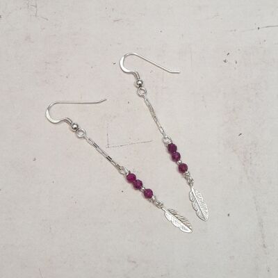 925 Silver Feather And Ruby Earrings