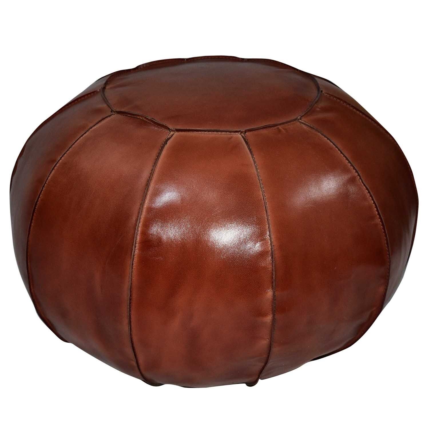 Pouf in vera pelle Yuva caramello Ø 52cm con imbottitura cuscino seduta in pelle tondo
