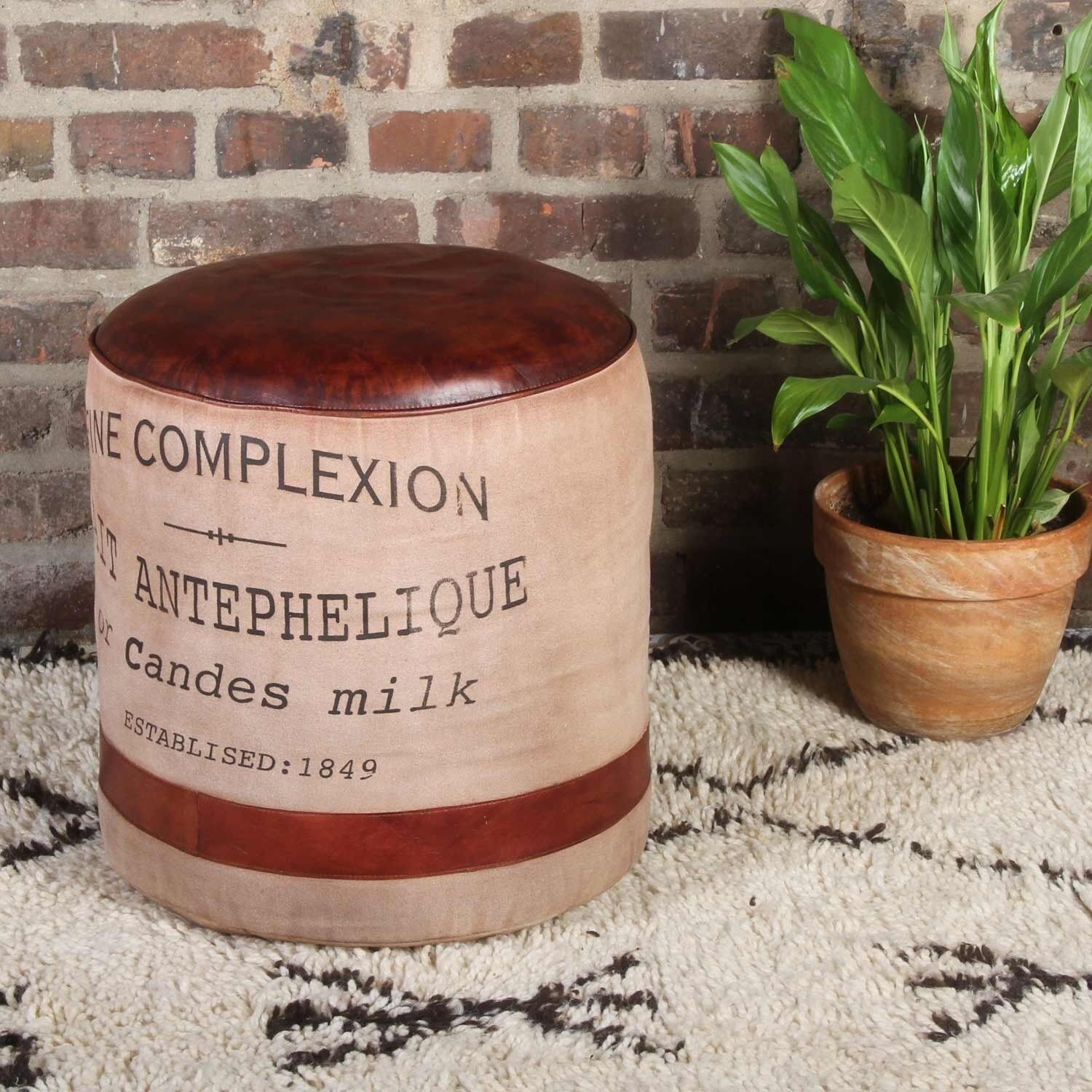 Pouf in pelle canvas shamial Ø 40 cm realizzato con cuscini di seduta retrò con imbottitura e sgabello rotondo imbottito