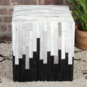 Tabouret patchwork fourrure Sunil 45x45x48 cm en cuir de chèvre véritable et bois 10