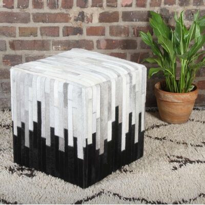 Tabouret patchwork fourrure Sunil 45x45x48 cm en cuir de chèvre véritable et bois