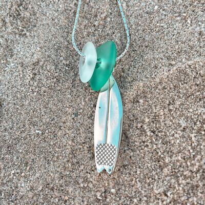 Sea glass Surfboard Necklace Silver