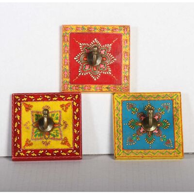 Oriental coat hooks set of 3 made of hand-painted wood | colorful hooks