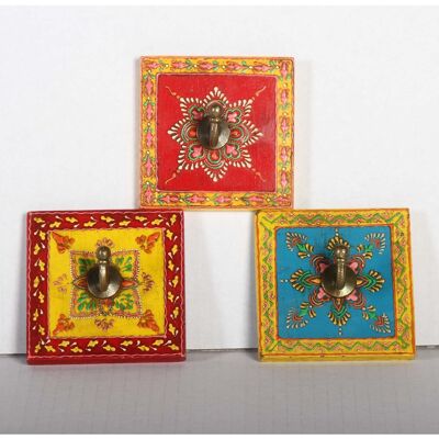 Orientalische Kleiderhaken 3er Set aus Holz handbemalt | bunte Haken